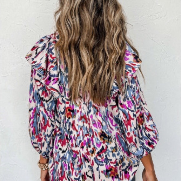 Multicolored Abstract Print 3/4 Puff Sleeve Ruffle Blouse NWT - Picture 3 of 12